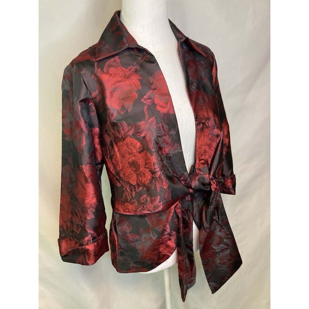 Whimsigoth Y2K Blouse S Red Dark Floral Open Tie Front Romantic Sexy Career